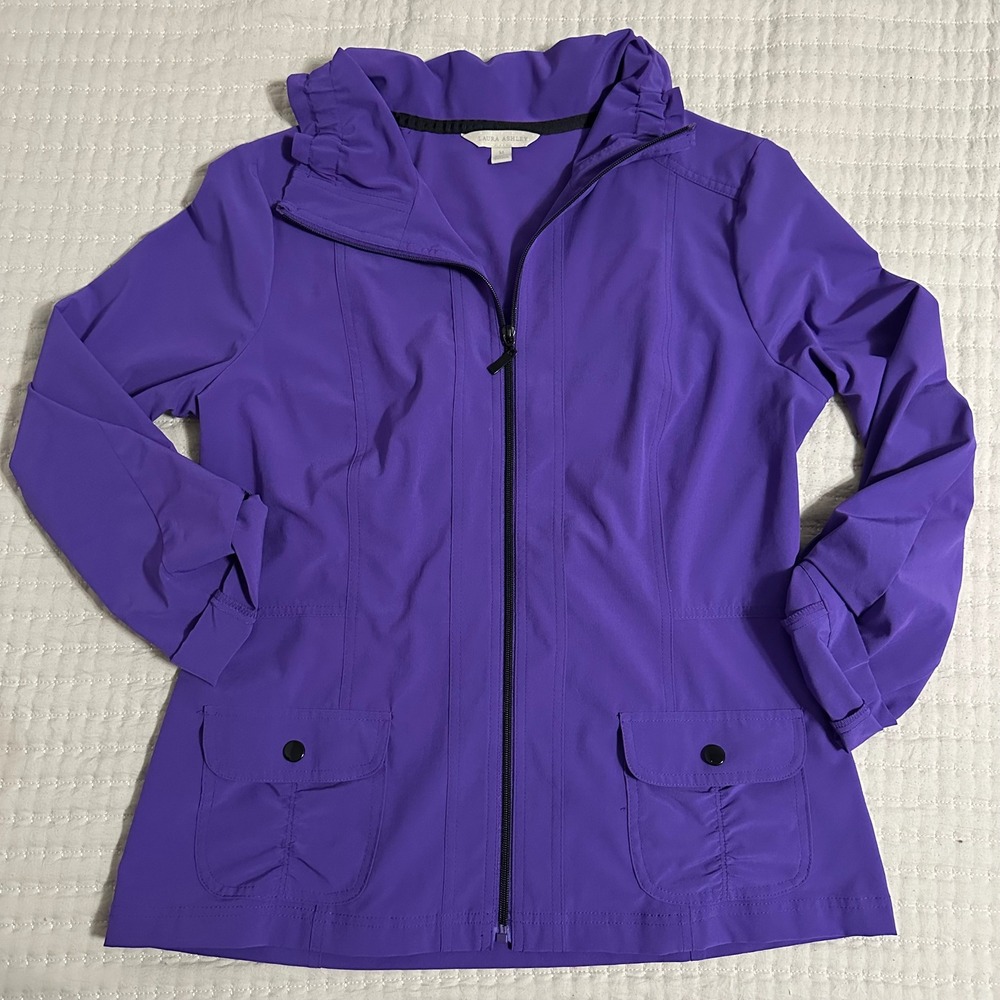 Laura Ashley Zip Up Jacket Purple Excellent Ruffle Neck Cuffs Spandex Blend